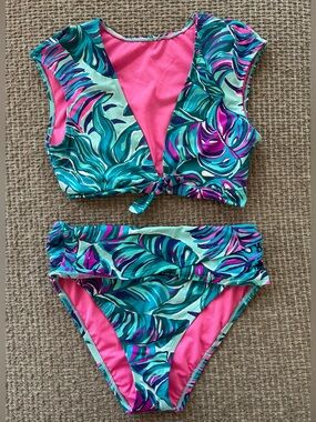 Women’s Lily Pulitzer Tropical Leaf Tie Front 2-Piece Swimsuit Pink & Teal, Sz 6